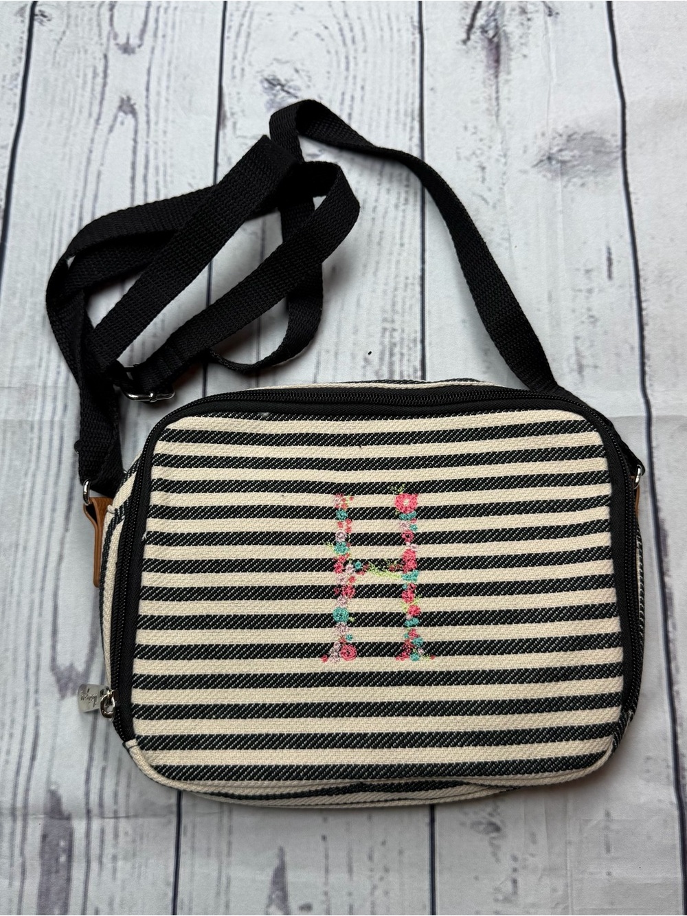 New Thirty One Double Zip Crossbody Twill Black Stripe Bag H Monogram Purse